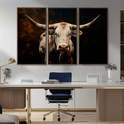 70522-MGV-FC-48X32-3P_Walnut-Longhorn Bull Wall Art – Striking Canvas Print of Majestic Bull, Premium Animal Decor for Home, Office, Man Cave, or Living Room