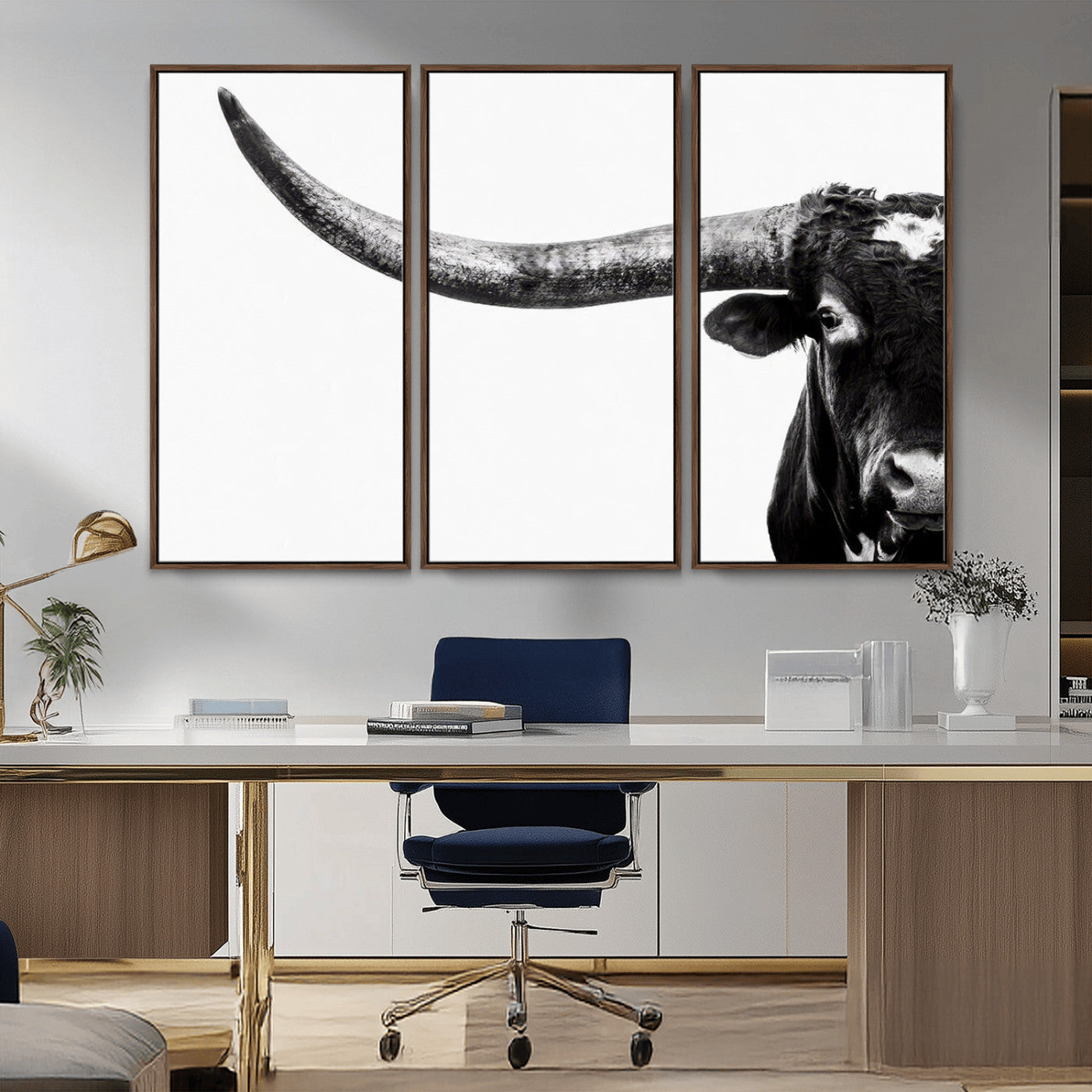 31699-MGV-CV-36X24-Longhorn Wall Art – Black and White Texas Longhorn Cow Canvas Print, Rustic Western Farmhouse Artwork for Living Room, Bedroom or