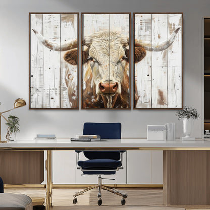 71551-MGV-CV-36X24-Longhorn Bull Wall Art – Rustic Western Cow Canvas Print, Farmhouse Animal Painting with Wood Plank Style for Living Room, Office