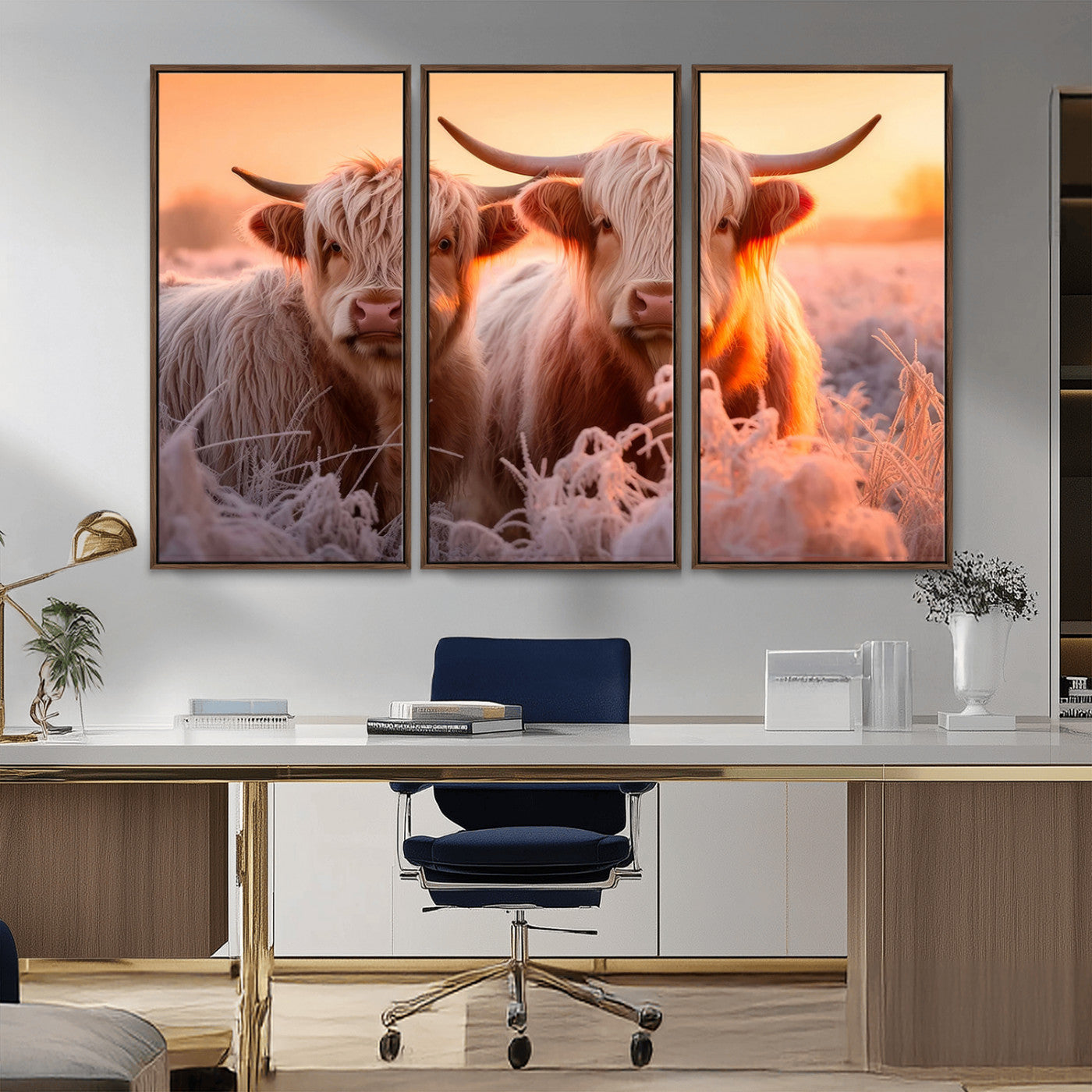 68253-MGV-CV-36X24-Highland Cow Wall Art – Rustic Farmhouse Cattle Canvas Print, Frosty Sunset Animal Artwork for Living Room, Bedroom or Country