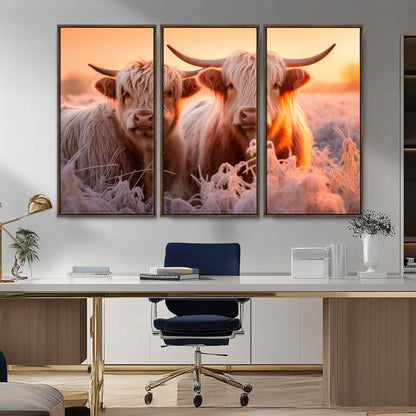 68253-MGV-CV-36X24-Highland Cow Wall Art – Rustic Farmhouse Cattle Canvas Print, Frosty Sunset Animal Artwork for Living Room, Bedroom or Country