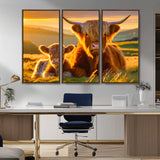 20567-MGV-CV-36X24-Highland Cow and Calf Wall Art – Rustic Farmhouse Sunset Cattle Canvas Print, Country Animal Artwork for Living Room, Bedroom, or