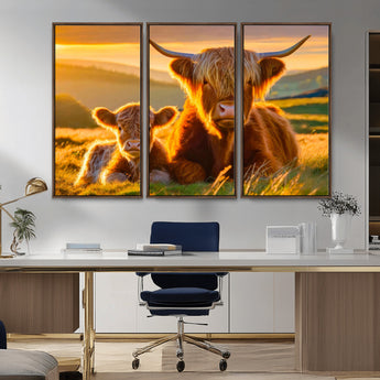 20567-MGV-CV-36X24-Highland Cow and Calf Wall Art – Rustic Farmhouse Sunset Cattle Canvas Print, Country Animal Artwork for Living Room, Bedroom, or
