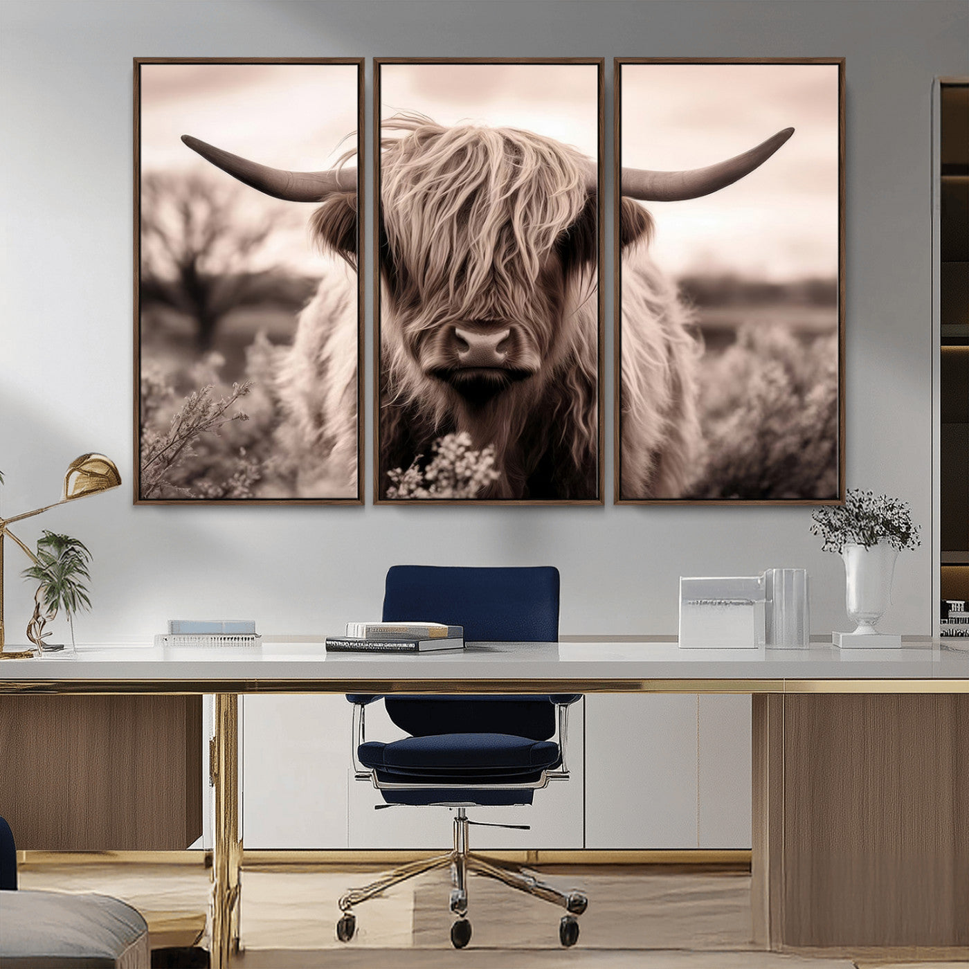 55903-MGV-CV-36X24-Highland Cow Wall Art – Rustic Sepia Scottish Highland Bull Canvas Print, Farmhouse Country Animal Decor for Living Room, Bedroom