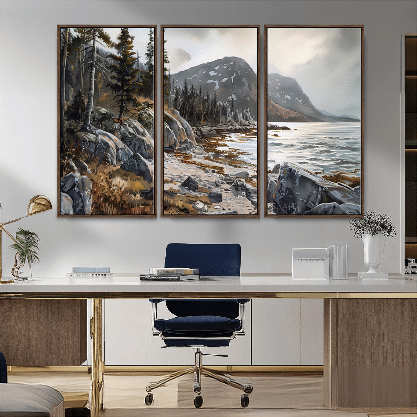 41281-MGV-CV-36X24-Rocky Shoreline Wall Art – Panoramic Mountain Coast and Forest Canvas Print, Rustic Nature Landscape Decor for Cabin, Lodge, or