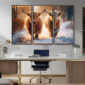 50490-MGV-CV-36X24-Highland Cow Wall Art – Rustic Panoramic Canvas Print Two Cattle Snowy Landscape, Farmhouse Country Decor for Living Room Office