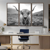 52903-MGV-CV-36X24-Highland Cow Wall Art – Black and White Canvas Print Rustic Cattle Portrait, Farmhouse Country Decor for Living Room, Office,