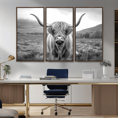 52903-MGV-CV-36X24-Highland Cow Wall Art – Black and White Canvas Print Rustic Cattle Portrait, Farmhouse Country Decor for Living Room, Office,