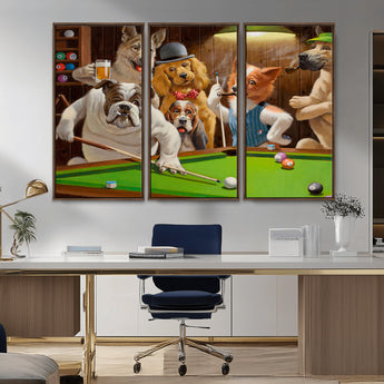 34228-MGV-CV-36X24-Dogs Playing Pool Wall Art Canvas Print, Framed Funny Dog Art Picture Print, Dog Perfect Game Room Decor Artwork