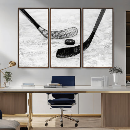 82900-MGV-FC-48X32-3P_Walnut-Hockey Wall Art – Black and White Canvas Print Ice Rink Sticks Puck Sports Photography, Modern Decor for Game Room, Man Cave,
