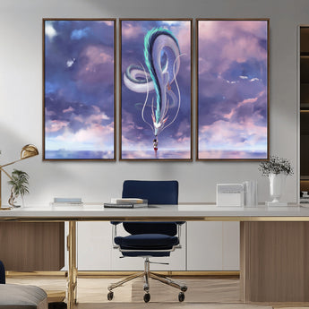66864-MGV-CV-36X24-Fantasy Dragon Wall Art – Mystical Canvas Print Girl and Sky Serpent Dreamlike Clouds, Magical Anime Inspired Decor for Living