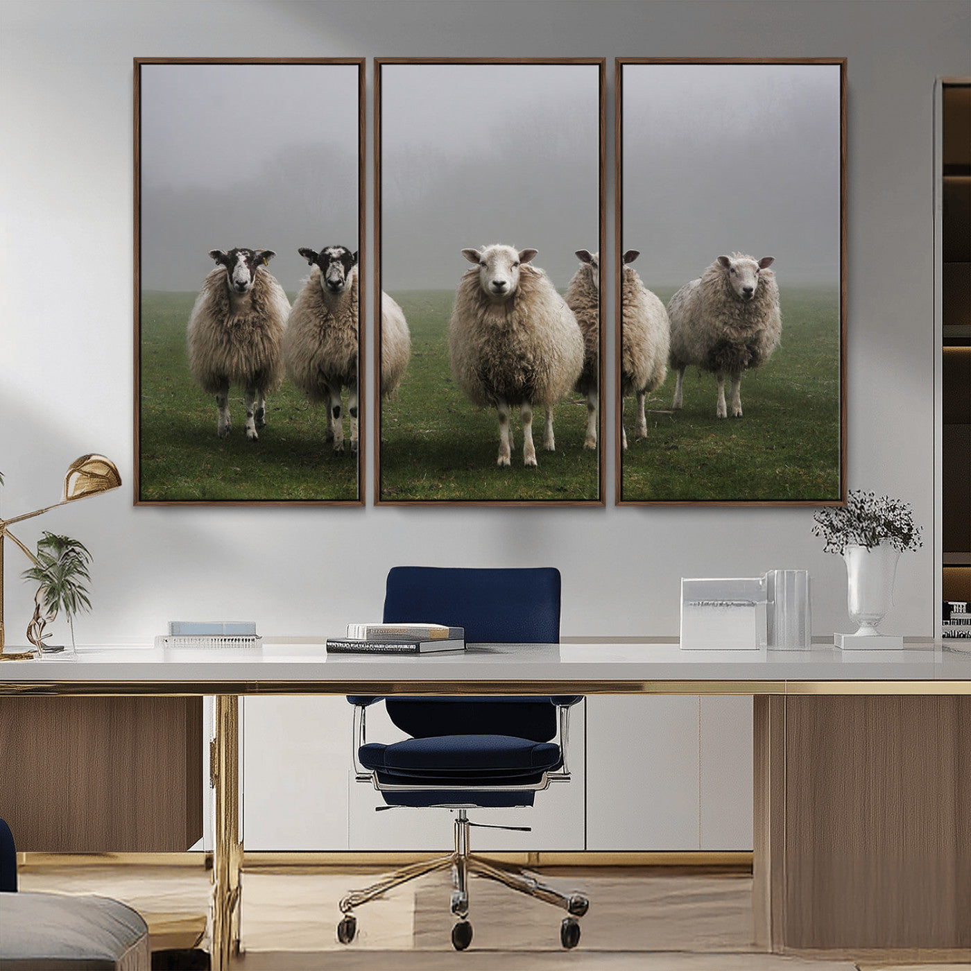 87339-MGV-CV-36X24-Sheep Wall Art – Rustic Farmhouse Canvas Print Flock Standing Misty Field Countryside Photography, Country Animal Decor for Living