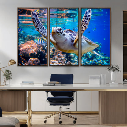 12683-MGV-CV-36X24-Sea Turtle Wall Art – Graceful Ocean Canvas Print with Coral Reef and Tropical Fish, Coastal Marine Life Decor for Beach House,