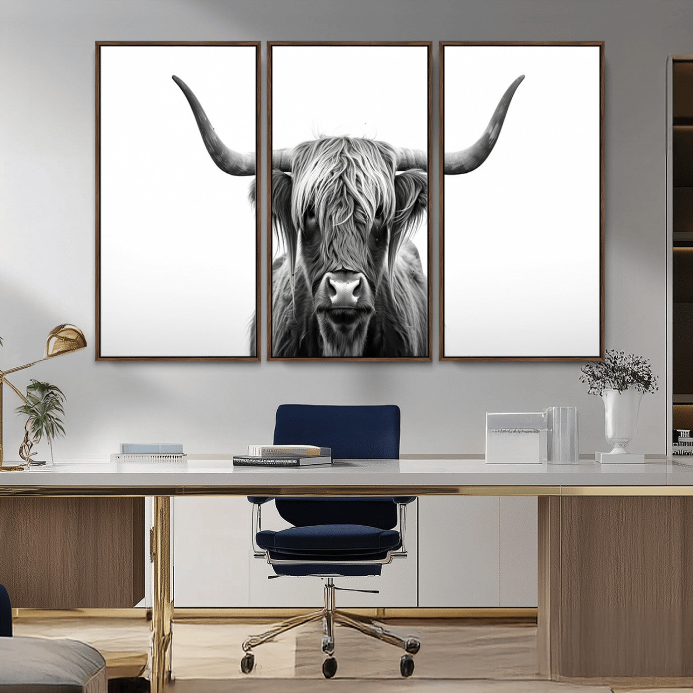 49556-MGV-CV-36X24-Highland Cow Wall Art – Black and White Scottish Highland Cattle Print, Rustic Farmhouse Minimalist Animal Portrait Canvas for
