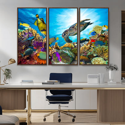 44772-MGV-CV-36X24-Underwater Sea Turtle Wall Art – Vibrant Coral Reef and Tropical Fish Canvas Print, Ocean Marine Life Decor for Living Room,