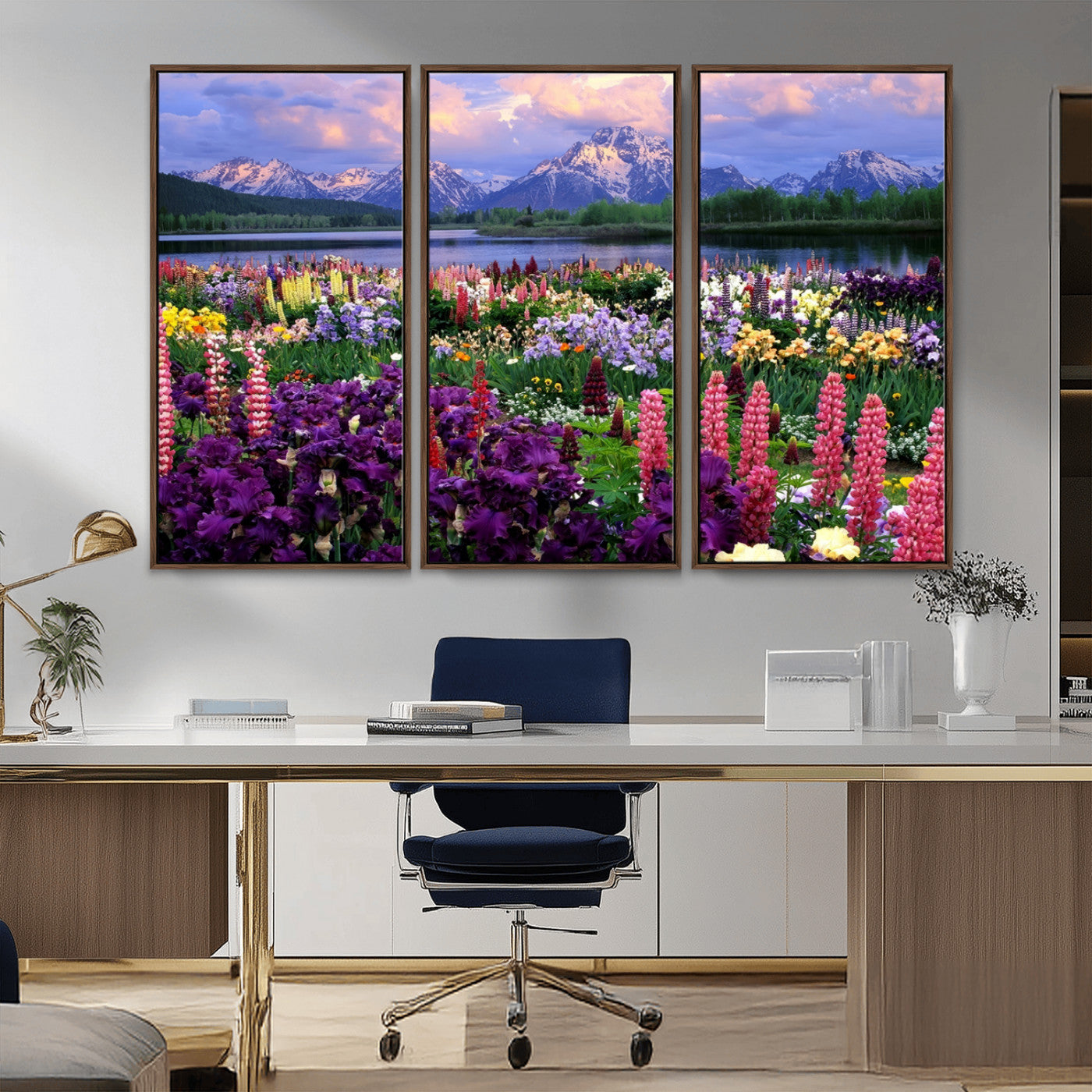 82270-MGV-CV-36X24-Colorful Wildflower Meadow Landscape Wall Art – Snow-Capped Mountain Lake Sunset Print, Vibrant Nature Artwork for Living Room,