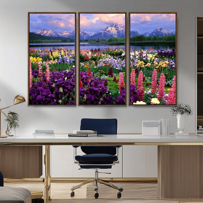 82270-MGV-CV-36X24-Colorful Wildflower Meadow Landscape Wall Art – Snow-Capped Mountain Lake Sunset Print, Vibrant Nature Artwork for Living Room,