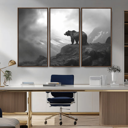 49504-MGV-CV-36X24-Black and White Grizzly Bear Wall Art – Wilderness Wildlife Painting, Rustic Mountain Cabin Decor, Monochrome Animal Print for