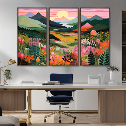 99638-MGV-CV-36X24-Sunset Meadow Wall Art – Panoramic Mountain Landscape with Wildflowers Canvas Print, Vibrant Nature Decor for Living Room, Bedroom