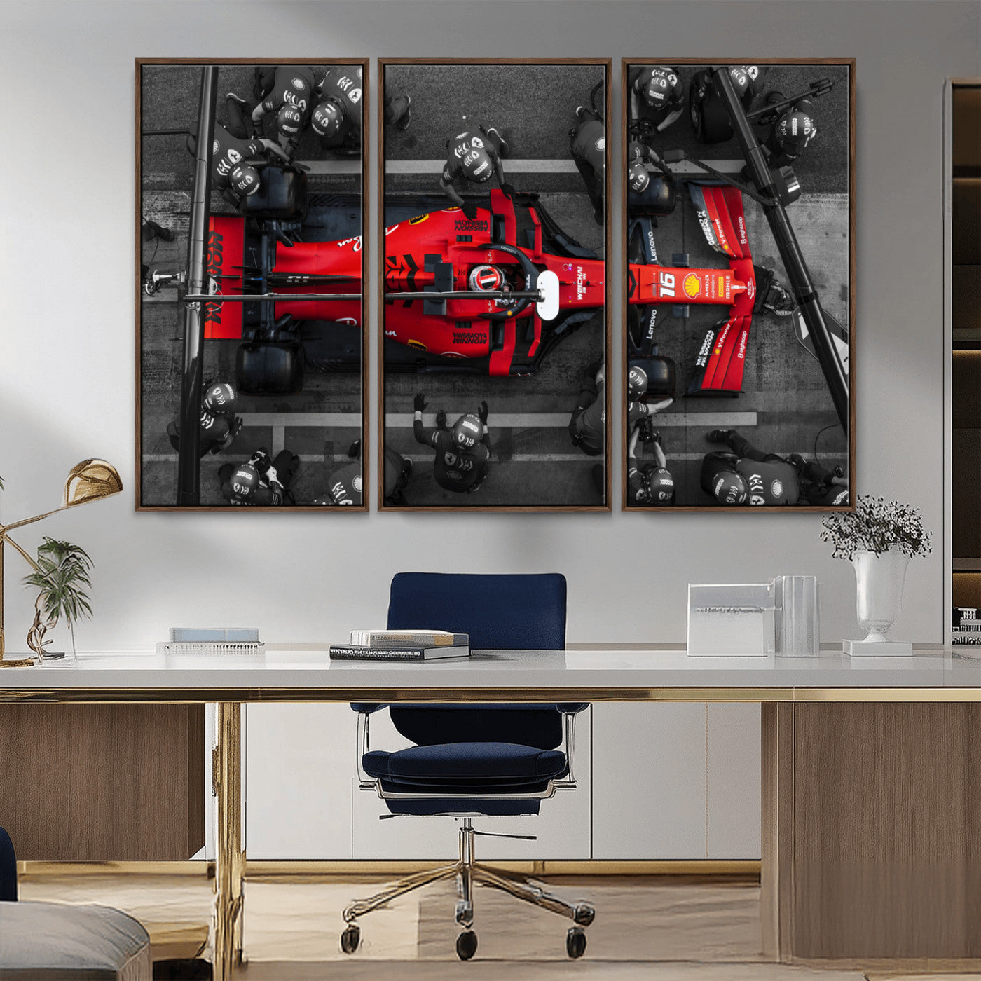 99356-MGV-FC-48X32-3P_Walnut-Ferrari Pit Stop Wall Art – Formula 1 Racing Car Canvas Print, Red Speed Machine Motorsport Decor for Office, Garage, Man Cave or