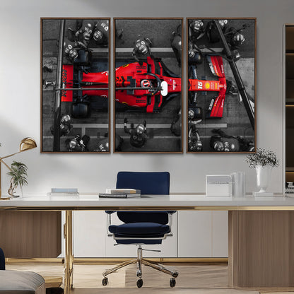 99356-MGV-FC-48X32-3P_Walnut-Ferrari Pit Stop Wall Art – Formula 1 Racing Car Canvas Print, Red Speed Machine Motorsport Decor for Office, Garage, Man Cave or