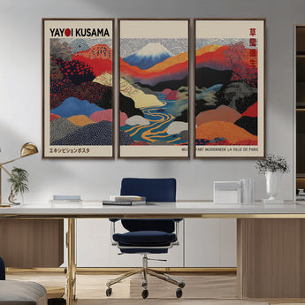 49228-MGV-FC-93X47-3P_Black-Kusama Wall Art – Vibrant Japanese Landscape Canvas Print, Modern Abstract Mountain and River Decor for Living Room, Office or Art