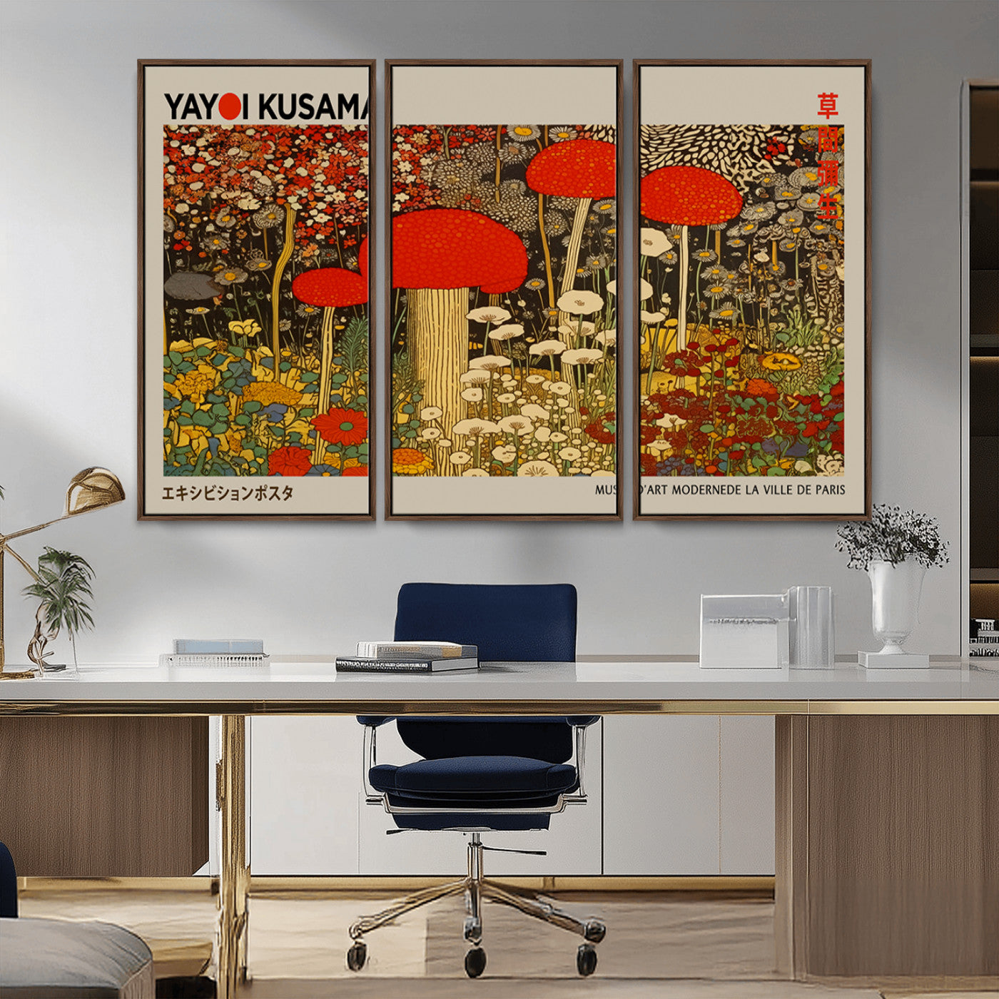 38013-MGV-CV-36X24-Yayoi Kusama Inspired Mushroom Garden Wall Art – Whimsical Botanical Canvas Print, Surreal Nature Poster, Fantasy Floral Artwork
