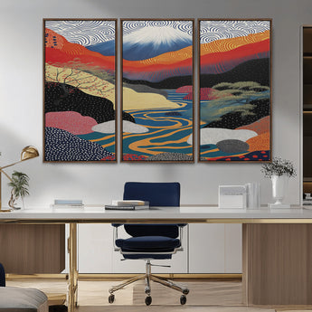 22313-MGV-CV-36X24-Yayoi Kusama Wall Art – Abstract Mount Fuji Landscape Canvas Print, Vibrant Japanese Nature Scene with River, Mountains and Sky