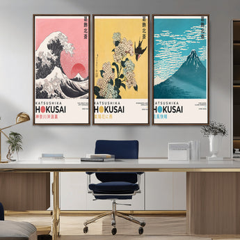 Katsushika-MGV-CV-36X24-Katsushika Hokusai Wall Art Set – The Great Wave, Hydrangea and Swallow, Fine Wind Canvas Prints, Japanese Ukiyo e Style Home and