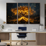 60194-MGV-CV-36X24-Glowing Tree Wall Art – Golden Roots Fantasy Canvas Print, Mystical Illuminated Tree Painting Poster for Living Room, Bedroom,
