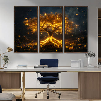 60194-MGV-CV-36X24-Glowing Tree Wall Art – Golden Roots Fantasy Canvas Print, Mystical Illuminated Tree Painting Poster for Living Room, Bedroom,