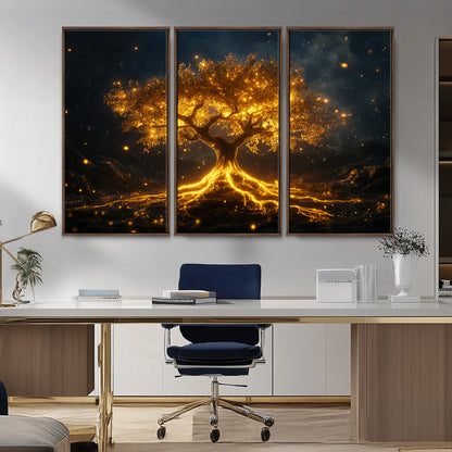 60194-MGV-CV-36X24-Glowing Tree Wall Art – Golden Roots Fantasy Canvas Print, Mystical Illuminated Tree Painting Poster for Living Room, Bedroom,