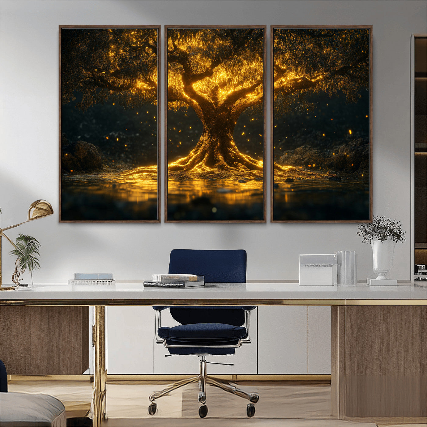 59580-MGV-CV-36X24-Glowing Tree Wall Art – Golden Fantasy Nature Canvas Print, Mystical Illuminated Tree Painting Poster for Living Room, Bedroom,