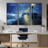 76572-MGV-CV-36X24-Stormy Night Pier Wall Art – Ocean Waves and Street Lamps Canvas Print, Rainy Seascape Oil Painting Poster for Living Room,