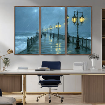 79606-MGV-CV-36X24-Rainy Pier Night Wall Art – Ocean Waves and Street Lamps Canvas Print, Moody Seascape Oil Painting Poster for Living Room,