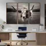 69238-MGV-CV-36X24-Longhorn Bull Wall Art – Rustic Black and White Texas Cattle Canvas Print, Western Farmhouse Animal Photography for Living Room,