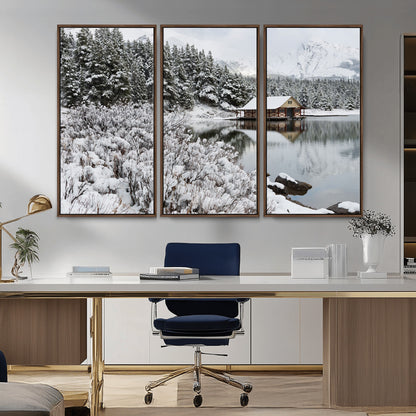 94285-MGV-CV-36X24-Snowy Cabin Wall Art Canvas Print, Framed Winter Cabin Art Picture Print, Mountain Lake Perfect Snowy Nature Decor Artwork