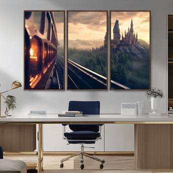 84029-MGV-CV-36X24-Fantasy Castle Wall Art – Magical Train Sunset Forest Canvas Print, Enchanted Landscape Painting Poster for Living Room, Bedroom,
