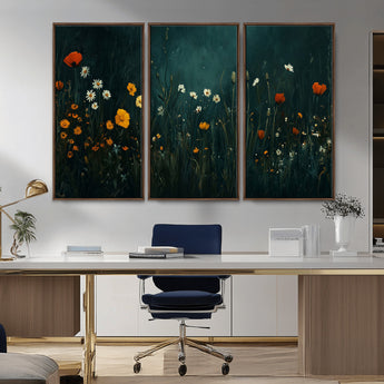 87037-MGV-CV-36X24-Wildflower Wall Art – Dark Botanical Floral Canvas Print, Modern Nature Painting Poster with Daisies Poppies Orange Flowers for