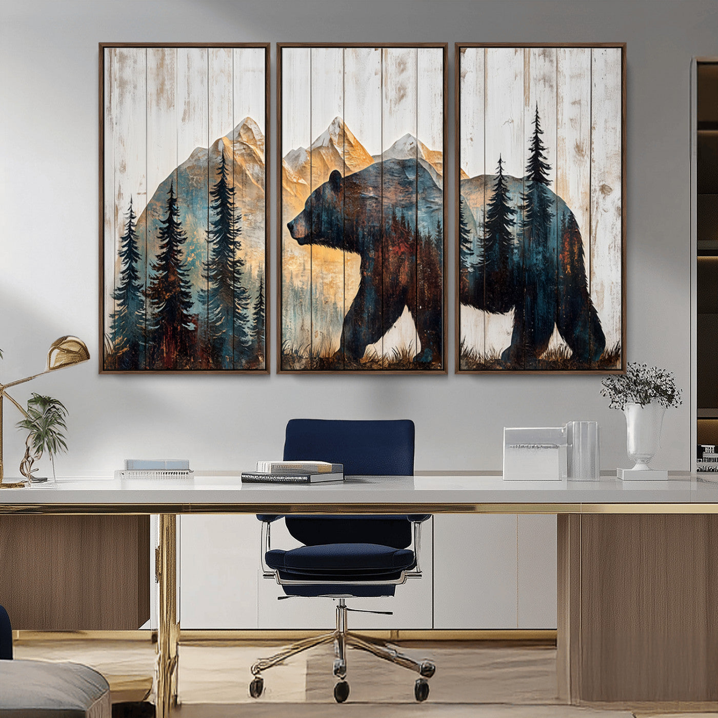 90077-MGV-CV-36X24-Wood Grizzly Bear Wall Art Canvas Print, Framed Abstract Bear Art Picture Print, Bear in Forest Perfect Rustic Lodge Decor Artwork