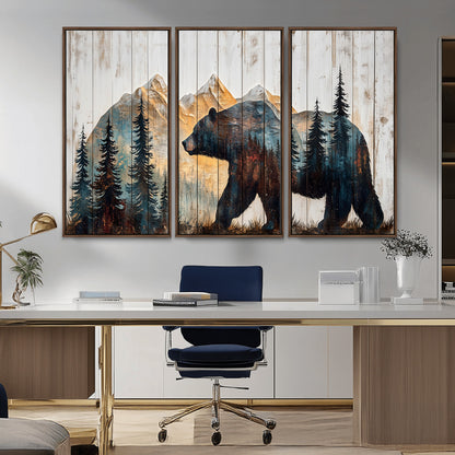 90077-MGV-CV-36X24-Wood Grizzly Bear Wall Art Canvas Print, Framed Abstract Bear Art Picture Print, Bear in Forest Perfect Rustic Lodge Decor Artwork