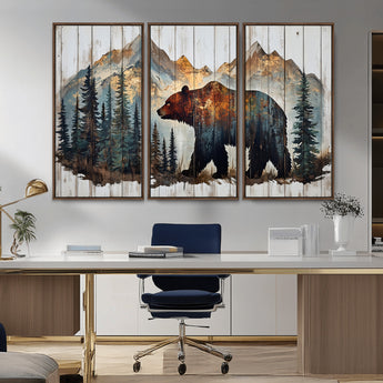 55777-MGV-CV-36X24-Rustic Bear Wall Art Canvas Print, Framed Mountain and Forest Art Picture Print, Wooden Bear Perfect Rustic Lodge Decor Artwork
