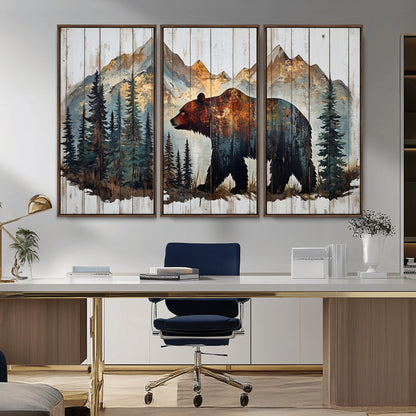 55777-MGV-CV-36X24-Rustic Bear Wall Art Canvas Print, Framed Mountain and Forest Art Picture Print, Wooden Bear Perfect Rustic Lodge Decor Artwork