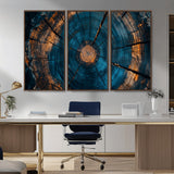 65231-MGV-CV-36X24-Blue and Gold Tree Ring Wall Art – Rustic Abstract Wood Slice Canvas Print, Modern Nature Inspired Artwork for Living Room,