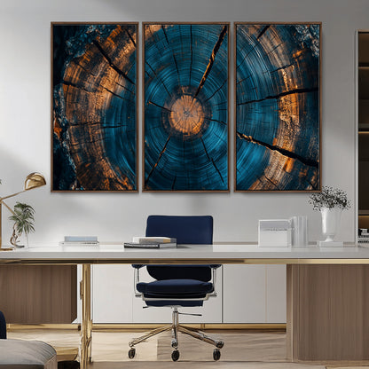 65231-MGV-CV-36X24-Blue and Gold Tree Ring Wall Art – Rustic Abstract Wood Slice Canvas Print, Modern Nature Inspired Artwork for Living Room,