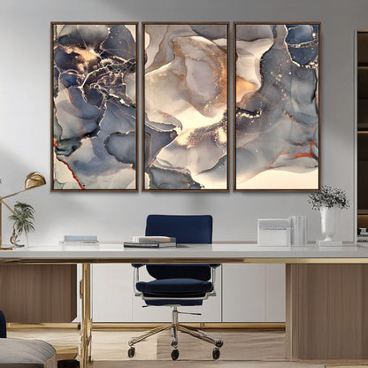 18202-MGV-CV-36X24-Abstract Neutral Wall Art – Blue, Beige and Gold Fluid Ink Canvas Print, Modern Minimalist Painting for Living Room, Office