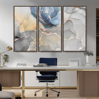 18176-MGV-CV-36X24-Abstract Fluid Wall Art – Modern Marble Ink Canvas Print with Blue, Gold, and Gray Tones, Contemporary Minimal Artwork Decor for