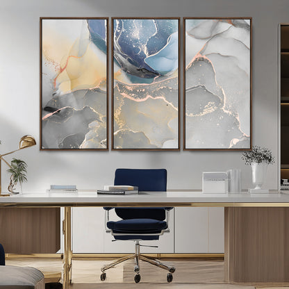 18176-MGV-CV-36X24-Abstract Fluid Wall Art – Modern Marble Ink Canvas Print with Blue, Gold, and Gray Tones, Contemporary Minimal Artwork Decor for