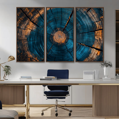13398-MGV-FC-48X32-3P_Walnut-Tree Ring Wall Art – Abstract Wood Grain Canvas Print with Blue and Orange Accents, Rustic Nature Inspired Artwork for Living