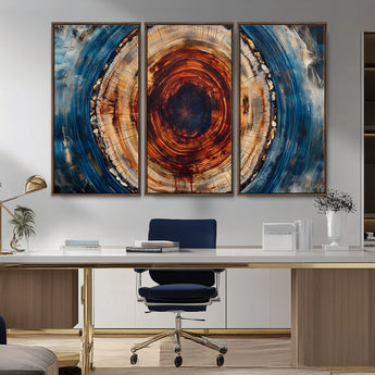 90395-MGV-CV-36X24-Tree Ring Wall Art – Abstract Wood Grain Canvas Print with Fiery Red and Blue Tones, Bold Rustic Nature Inspired Artwork Decor for